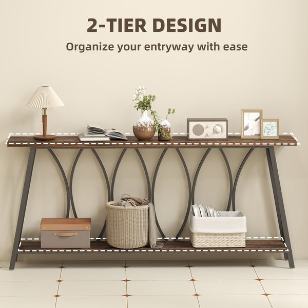 Industrial style two-tier console table with metal frame, rustic brown color.