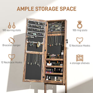 Armoire à bijoux verrouillable avec miroir pleine longueur et rangement pour bijoux, marron rustique