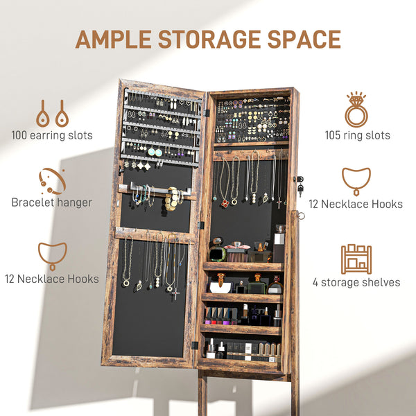 Armoire à bijoux verrouillable avec miroir pleine longueur et rangement pour bijoux, marron rustique