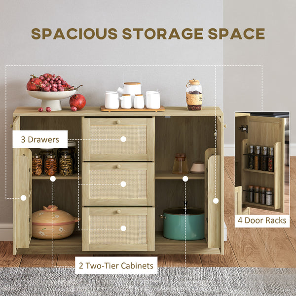 Buffet Boho avec 3 tiroirs, 2 étagères réglables et 4 étagères, naturel