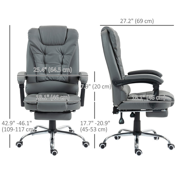 Chaise de bureau à dossier haut en similicuir avec repose-pieds rétractable et accoudoirs rembourrés, gris