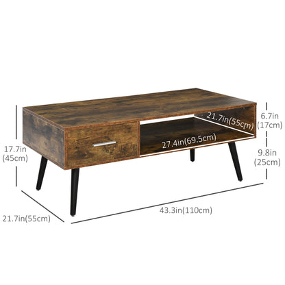 Table basse rétro avec étagère de rangement et tiroir pour salon, marron rustique