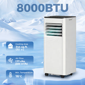 Climatiseur portable 8000 BTU avec déshumidificateur, ventilateur et télécommande vocale Wi-Fi, pour des pièces jusqu'à 344 pi²