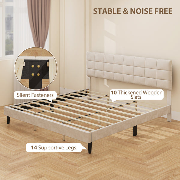 Cadre de lit king size avec tête de lit rembourrée avec lattes en bois, capacité de charge de 500 kg, couleur crème