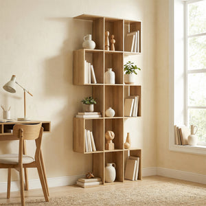 5-Tier S-Shaped Geometric Bookshelf with 15 Compartments, Oak Colour