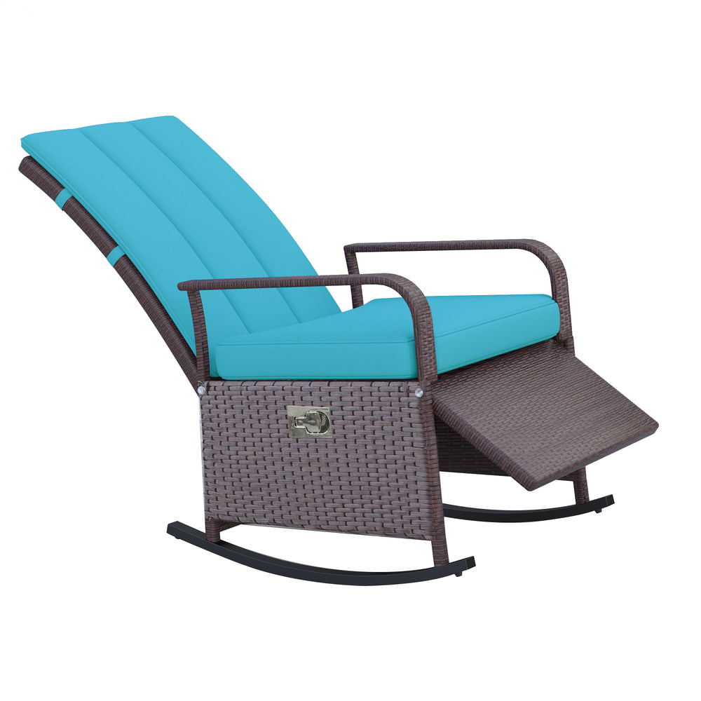 Fauteuil à bascule en rotin synthétique avec coussin, repose-pieds réglable et accoudoirs, turquoise