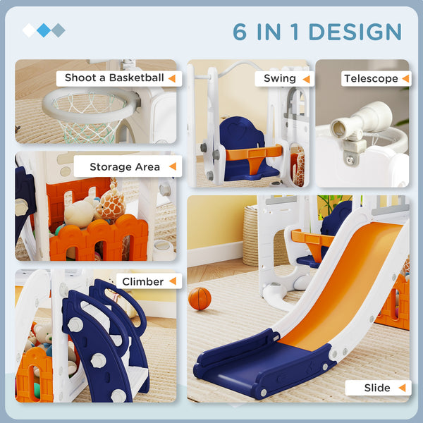 Ensemble de jeux d'intérieur Qaba 6 en 1 avec toboggan, balançoire, panier de basket, structure d'escalade, espace de rangement et télescope