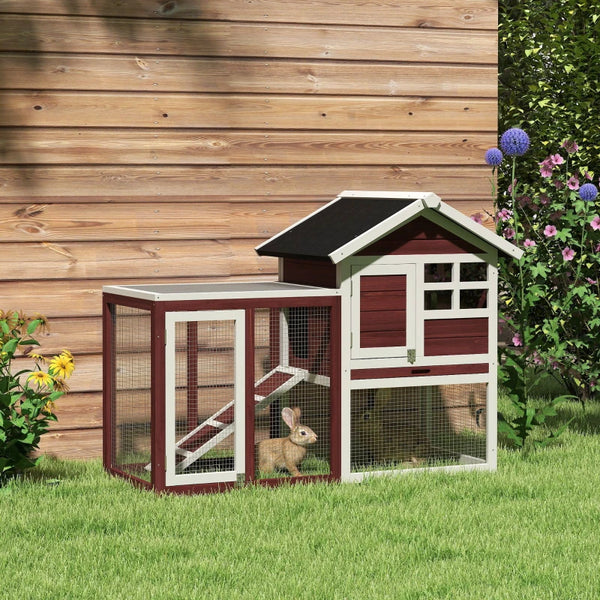 Weatherproof wooden hutch with sloping roof and wire mesh outdoor run, brown