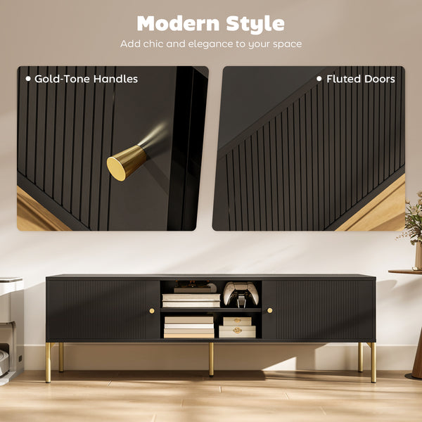 TV stand for TVs up to 65 inches, multimedia center with 2 open shelves, 2 cupboards and steel legs for living room, black