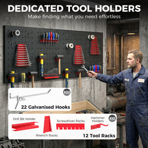 Organisateur mural d’outils en acier avec 4 panneaux, 12 supports et 22 crochets – Noir et rouge