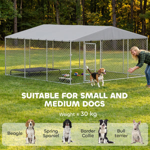 13.1' x 13.1' x 6.6' Outdoor Dog Kennel Heavy Duty Galvanized Steel Chain Link with UV-resistant Roof, Silver