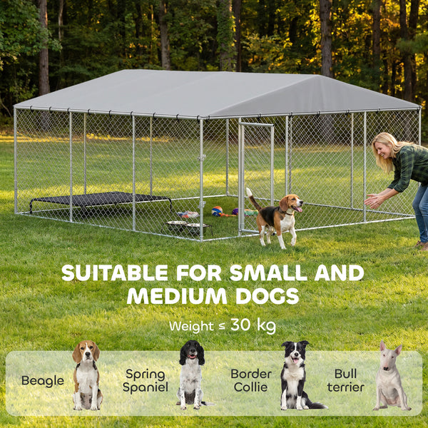 13.1' x 13.1' x 6.6' Outdoor Dog Kennel Heavy Duty Galvanized Steel Chain Link with UV-resistant Roof, Silver
