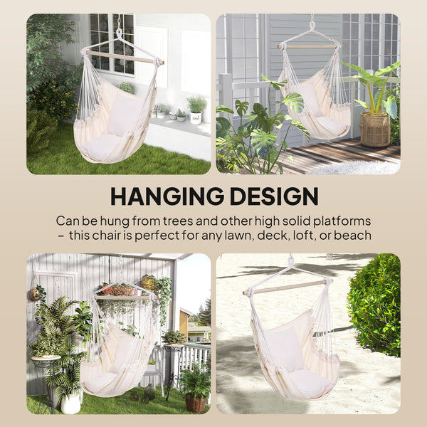 Hanging macrame cotton hammock with two soft cushions, cream white