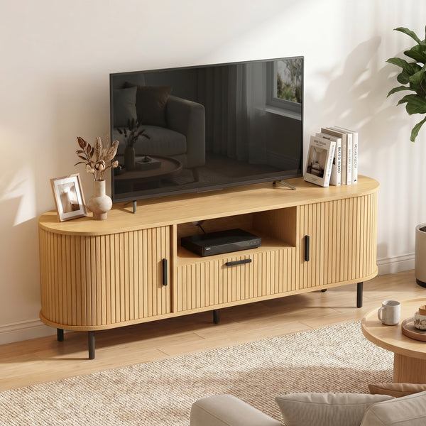 Meuble pour téléviseurs jusqu'à 60 pouces avec portes coulissantes incurvées et rangements, bois naturel