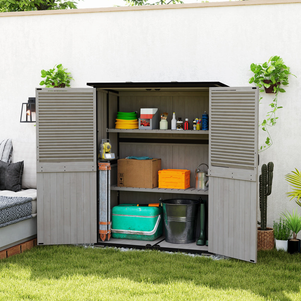 Abri de jardin en bois, structure en acier, toit en asphalte, 2 étagères et portes verrouillables, gris