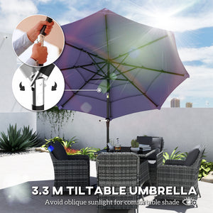 Parasol de 10,7 pieds avec manivelle, inclinaison par bouton-poussoir et aérations, violet