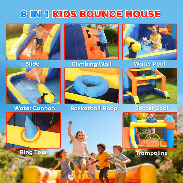 Château gonflable pour enfants avec toboggan, piscine à balles, mur d'escalade et souffleur