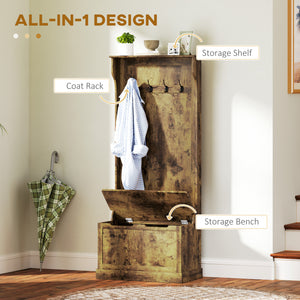 4-In-1 Hall Tree with Coat Rack, Top Shelf, Shoe Storage and Bench Seat, Entryway Bench with 4 Hooks, Rustic Brown