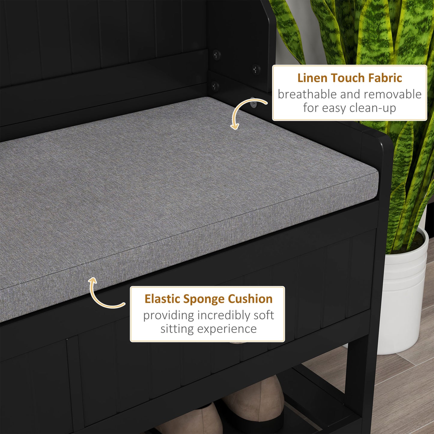 Hallway bench with 4 hooks, 2 drawers, 2 shelves, black