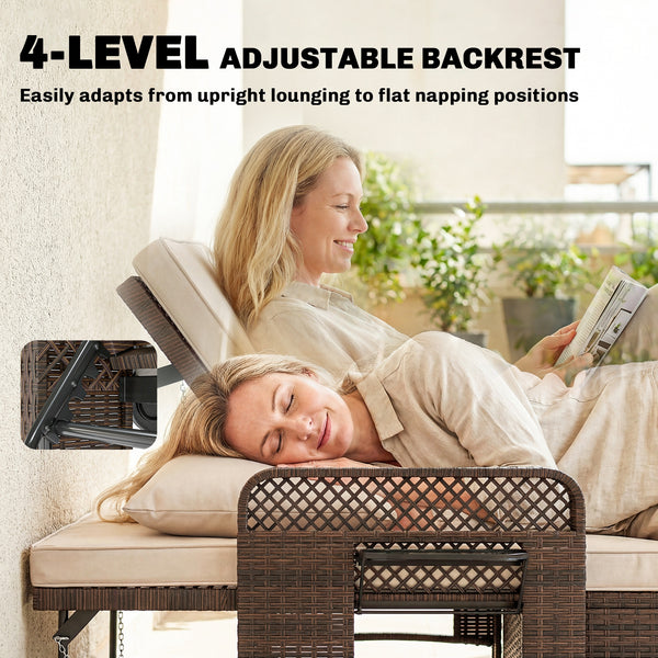 Double patio lounge chairs with cushions, PE wicker, adjustable backrest and side tables, brown/cream