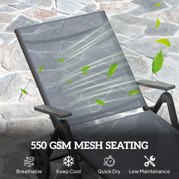 Chaise longue d'extérieur réglable sur 5 niveaux avec 2 roulettes, gris