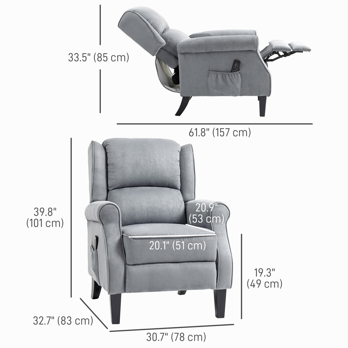 Fauteuil inclinable à massage par vibrations avec repose-pieds extensible, télécommande, poche, gris