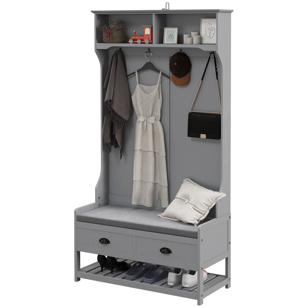 Meuble d'entrée avec banc et rangement à chaussures, banc d'entrée avec 4 crochets, 2 tiroirs, 2 étagères, gris