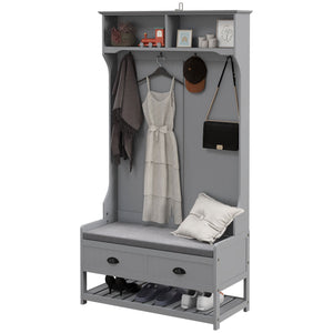 Meuble d'entrée avec banc et rangement à chaussures, banc d'entrée avec 4 crochets, 2 tiroirs, 2 étagères, gris