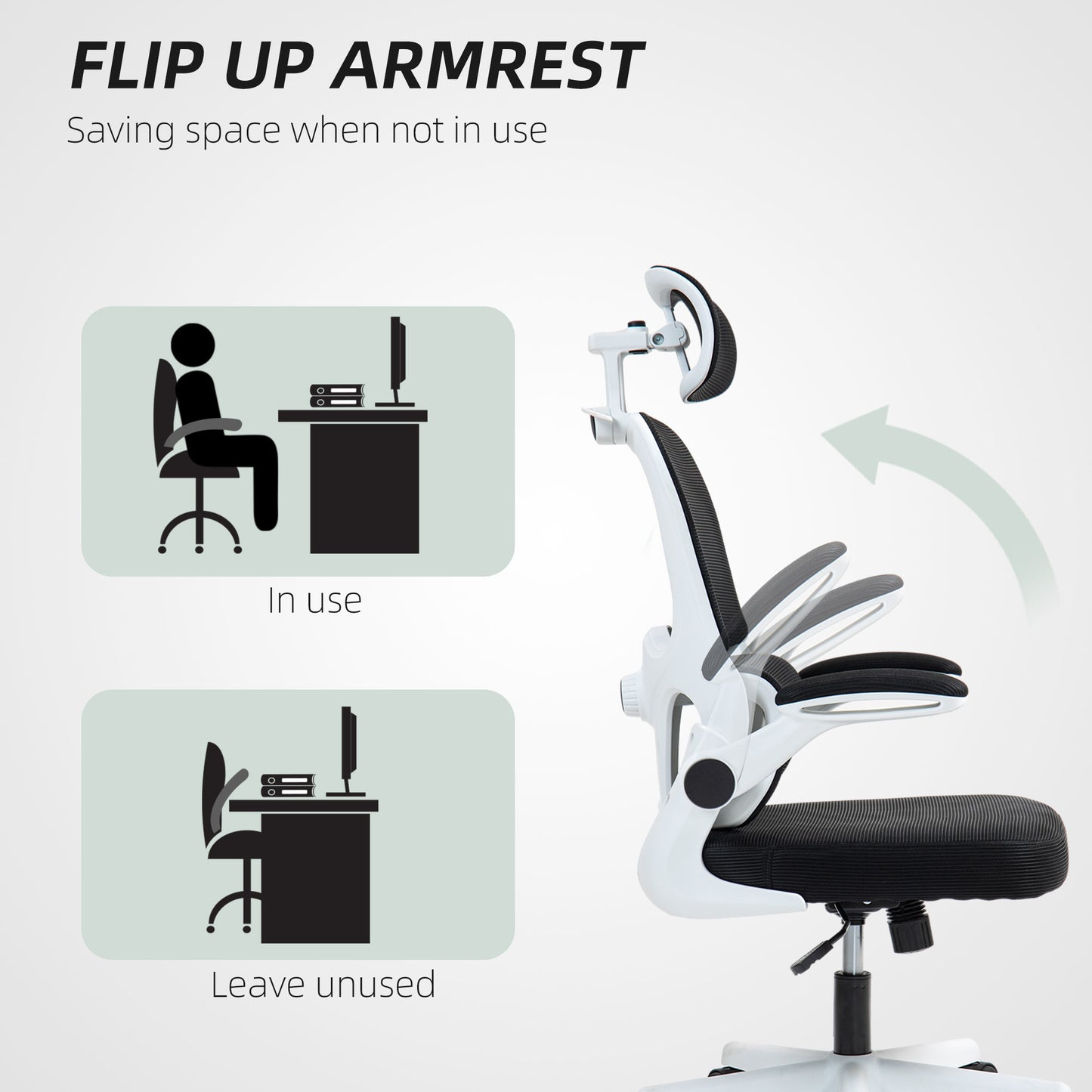 HOMCOM Ergonomic Mesh Office Chair with Flip-up Armrests, Swivel Headrest and Adjustable Lumbar Support, Black