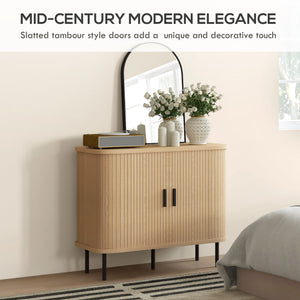 Buffet nordique avec portes tambour à lattes et pieds en métal, chêne
