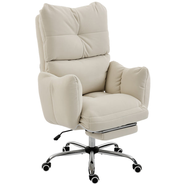 Office Chair with Foot Rest, Ergonomic Reclining Computer Gaming Chair with Snow Flannel Fabric, Thick Cushion, Cream