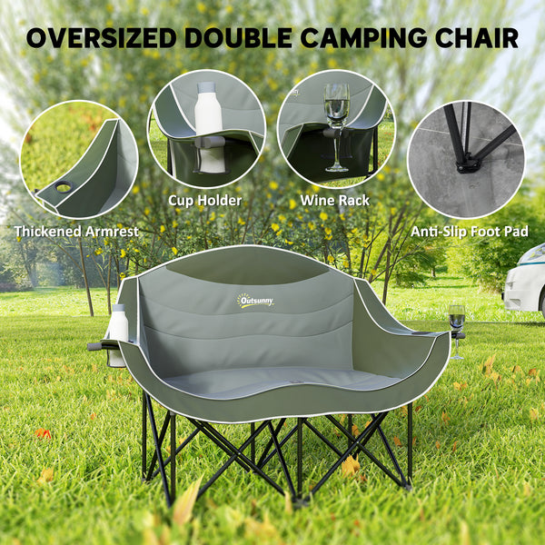 Chaise de camping portable double avec porte-gobelets et sac de transport, supporte jusqu'à 250 kg, vert foncé