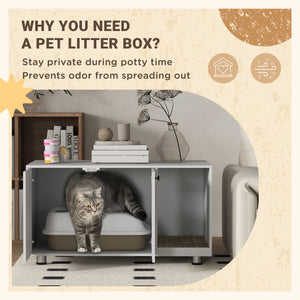Litter box cabinet with double doors and integrated scratching post, white
