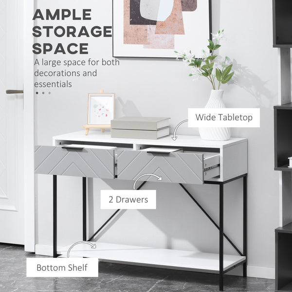 Console moderne avec 2 tiroirs, 2 niveaux avec étagère de rangement, blanc