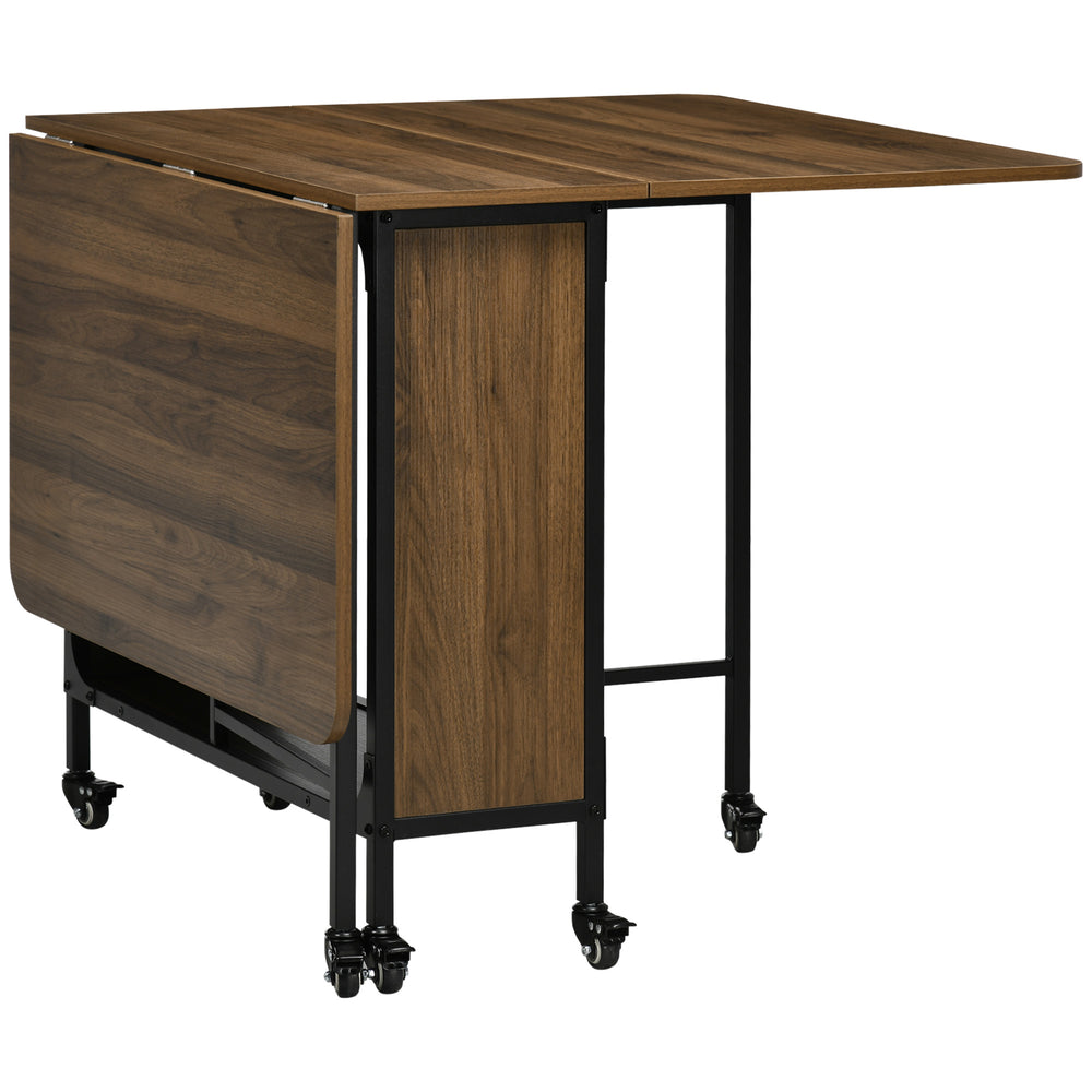 Folding dining table with storage shelf and 6 castors, light brown