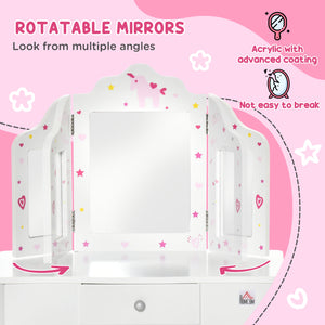 Ensemble coiffeuse avec miroirs pliables, tiroir à motifs étoiles et cœurs, blanc