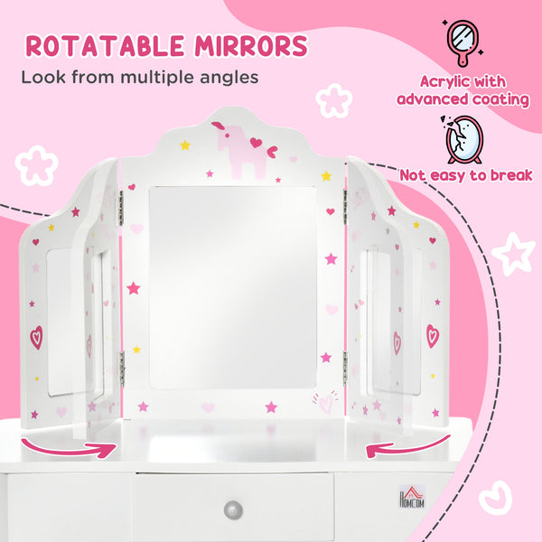 Ensemble coiffeuse avec miroirs pliables, tiroir à motifs étoiles et cœurs, blanc