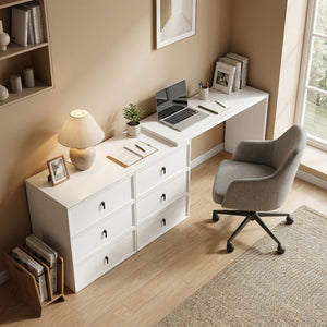 L Shaped Computer Desk Home Office Desk with 6 Drawers White Wood Grain