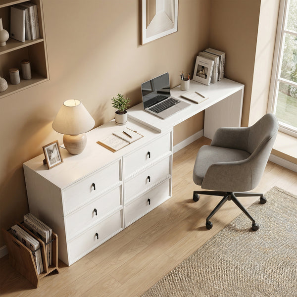 L Shaped Computer Desk Home Office Desk with 6 Drawers White Wood Grain