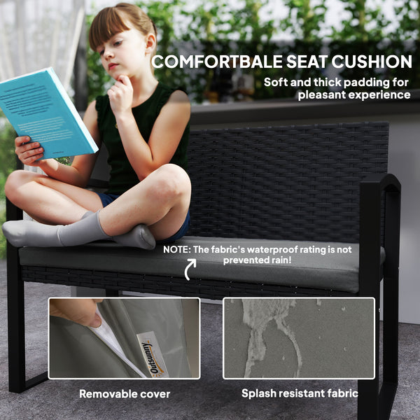 Two-seater outdoor rattan bench with cushion, grey