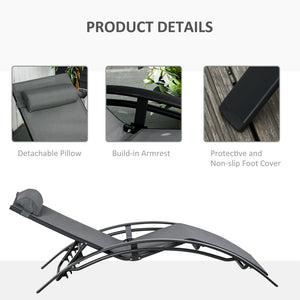 Patio Lounge Chair, Aluminum Reclining Outdoor Tanning Chair with 5-Level Adjustable Backrest, Head Pillow and Breathable Mesh Fabric, for Pool, Deck, Garden, Grey