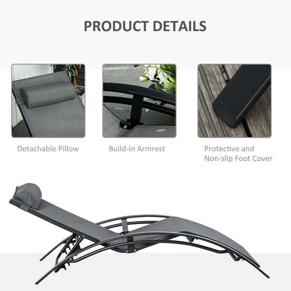 Patio Lounge Chair, Aluminum Reclining Outdoor Tanning Chair with 5-Level Adjustable Backrest, Head Pillow and Breathable Mesh Fabric, for Pool, Deck, Garden, Grey