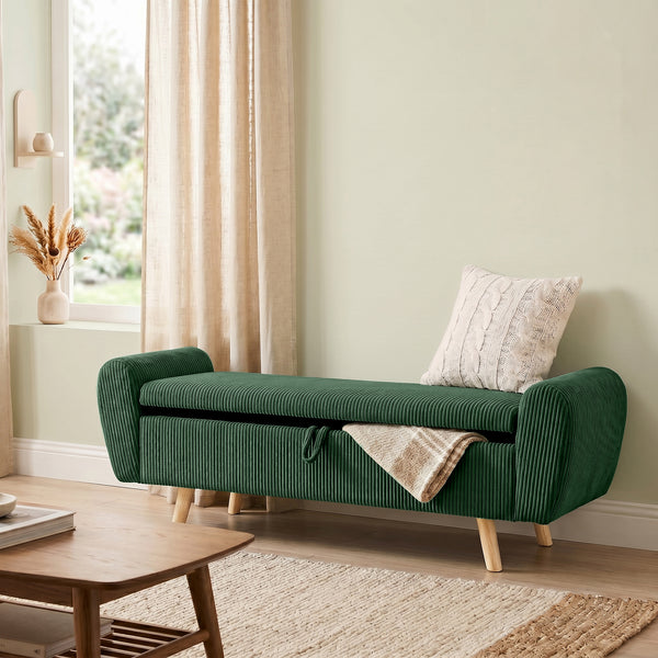 Banc de rangement 59 po en velours côtelé, vert foncé