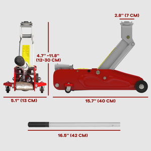 Extra-flat hydraulic jack, lifting height 12 to 30 cm, 2-ton capacity, red