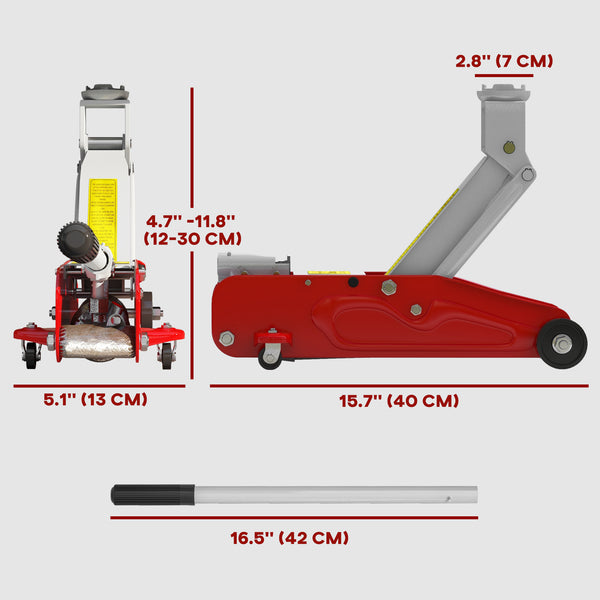 Extra-flat hydraulic jack, lifting height 12 to 30 cm, 2-ton capacity, red