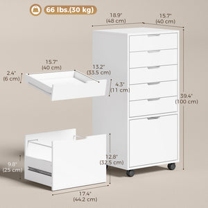 Mobile Printer Stand with 6 Drawers on Wheels for Home Office, White