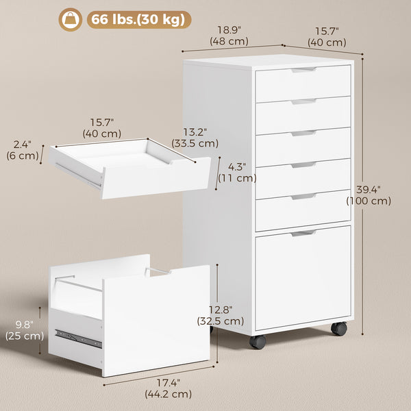 Mobile Printer Stand with 6 Drawers on Wheels for Home Office, White