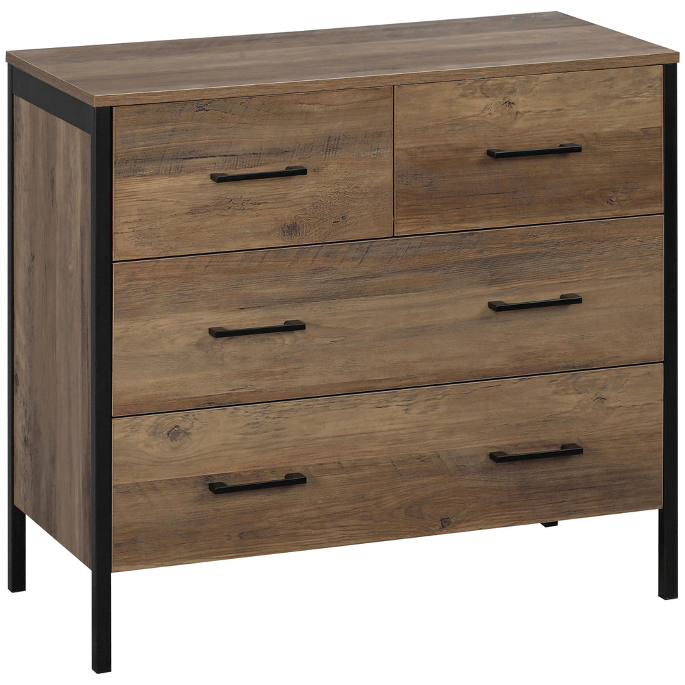 Commode pour chambre à coucher avec 4 tiroirs, structure en métal, marron