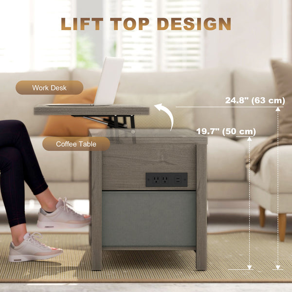 Table basse relevable et extensible avec prises électriques, ports USB et 5 espaces de rangement – Gris foncé