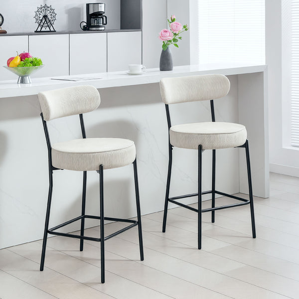 Set of 2 padded bar stools in corduroy, cream white
